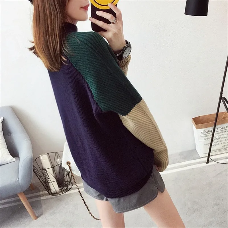 2017 Women's Autumn Winter Street Style V-Neck Knitted Sweater Color Block Coat Woman Patchwork Loose Pullovers Girl Sweaters | Женская