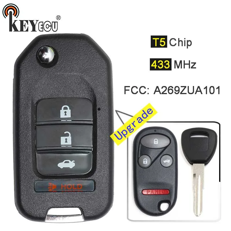 

KEYECU 433 МГц T5 чип FCC: A269ZUA101 обновленный флип 3 + 1 4 кнопки складной дистанционный ключ брелок для Honda Accord preвстроенный