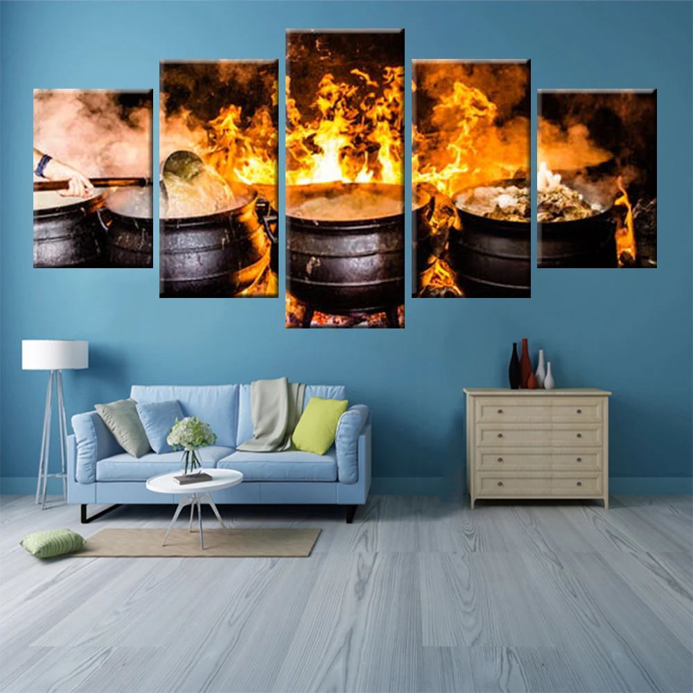 HD Print 5 Panel Canvas Painting Restaurant Kitchen Wall Art Fire Cooking Poster Home Decoration Mural | Дом и сад