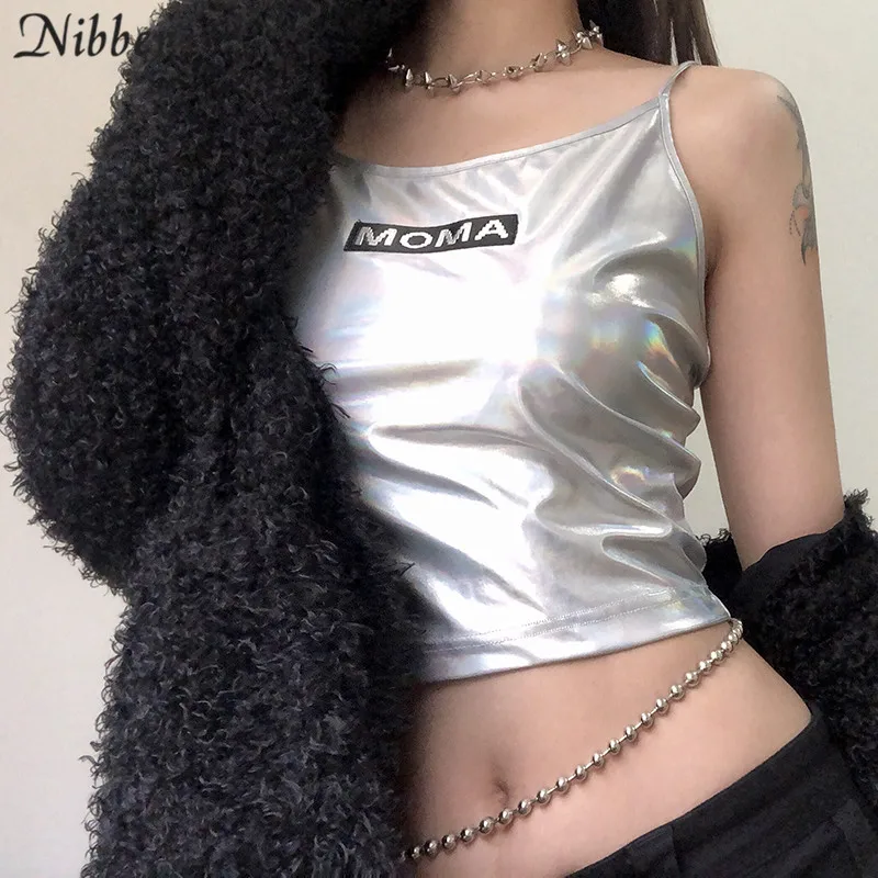 Nibber весенние модные блестящие серебряные укороченные топы camisole женские новые футболки с короткими рукавами женские повседневные Клубные праздничные безрукавки