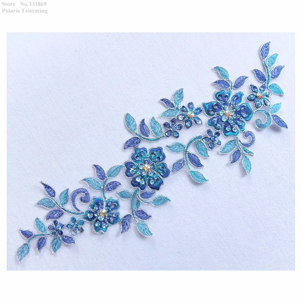 Free Shipping 2pcs/lot x New Handmade Blue/Silver Sequined Beaded Flower Lace Applique Trim Patch Dance Dress Decorating PBNC92A | Дом и сад