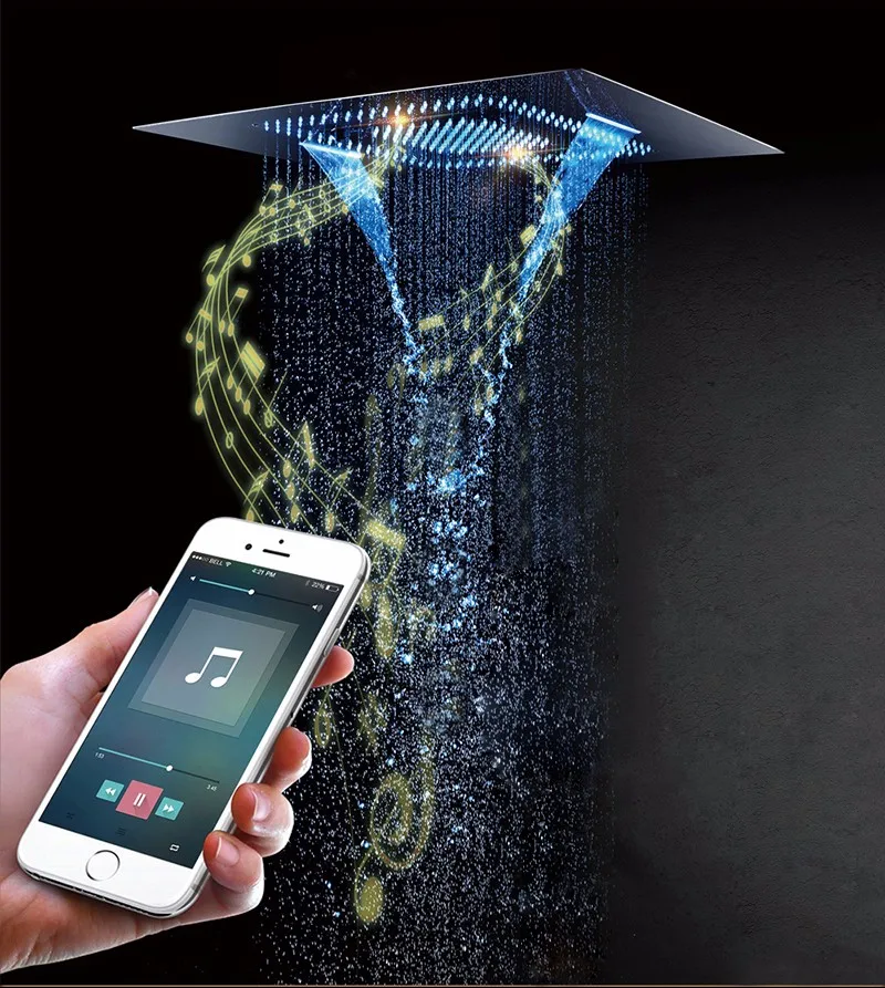 Музыка Showerhead пульт дистанционного управления или телефон управления водопад со светодиодной лампой душевая головка дождевая туманная ванная комната 60*80 см душ 304SUS полированная