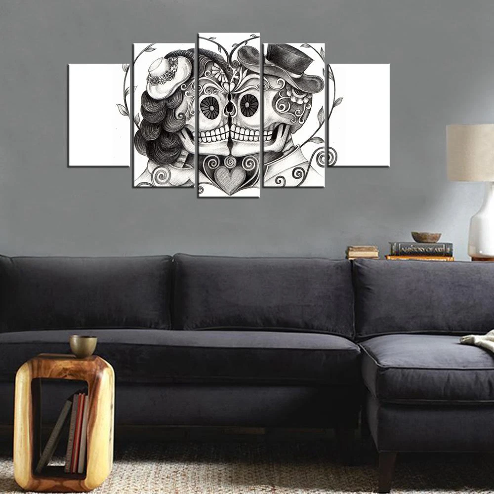 Черно-белый абстрактный постер с изображением целующегося черепа для пары