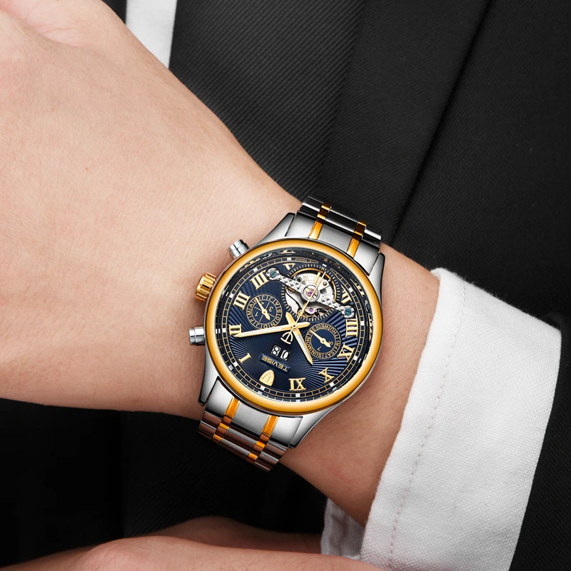 TEVISE Tourbillon автоматические наручные часы с скелетом мужские автоматическим датой