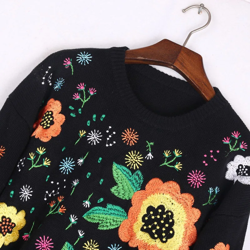 Boho зимний свитер для женский черный ретро Винтаж взлетно-посадочной полосы цветы