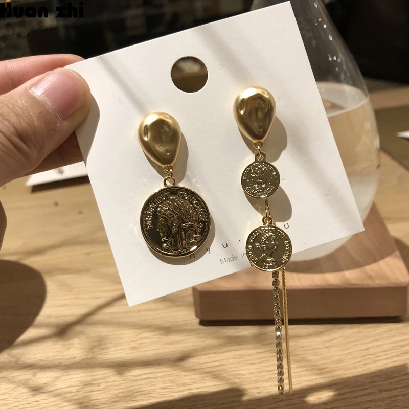 Женские серьги капельки HUANZHI Vinatge металлические золотые ассиметричные длинные