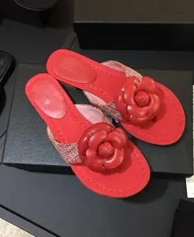 red canvas BONJEAN/модные кожаные тапочки на плоской подошве с украшением в виде цветка для женщин; Летние вьетнамки; Вьетнамки; пикантные пляжные шлепанцы - Цвет: red canvas
