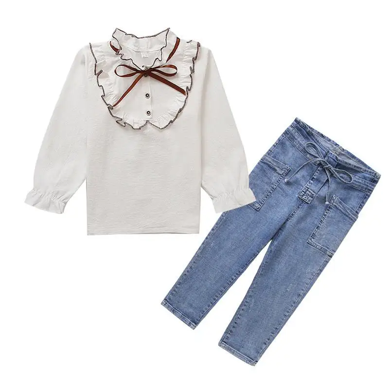 

2019 Fashion Children Bow Ruched Shirt+Denim Pant Suits Kids Girl Causal Sport Set Teen Girl Cotton Jeans Sashes Tracksuit Q639