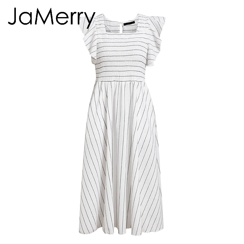 Белый JaMerry, винтажное, бохо, в полоску, женское, длинное платье, с рюшами, льняное, белое, хлопковое, летние платья,, повседневное, праздничное, женское, Пляжное, vestidos - Цвет: Белый