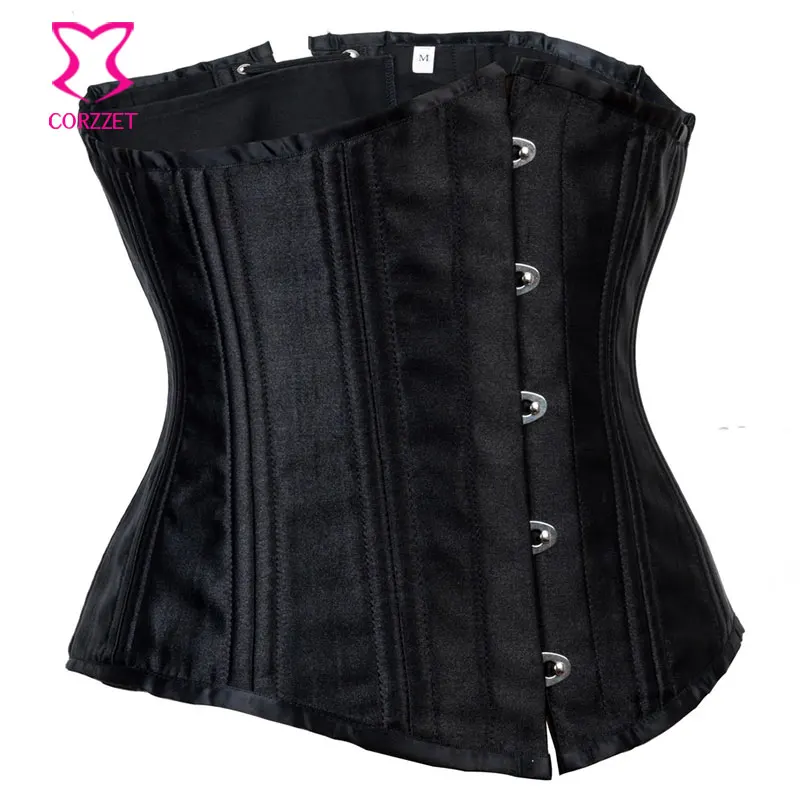 Черный атласный 24 стальной корсет с косточками подгрудный размера плюс корсеты и