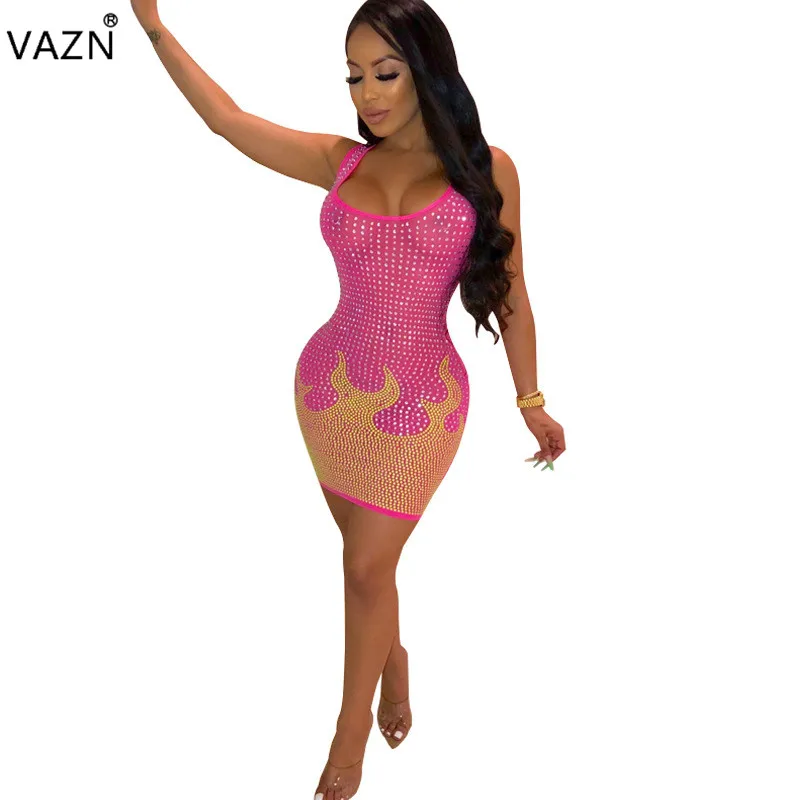 VAZN 2019 summer sexy lady blue rose red mini sheath dress slivers waistcoat patchwort colors club ME2736 | Женская одежда