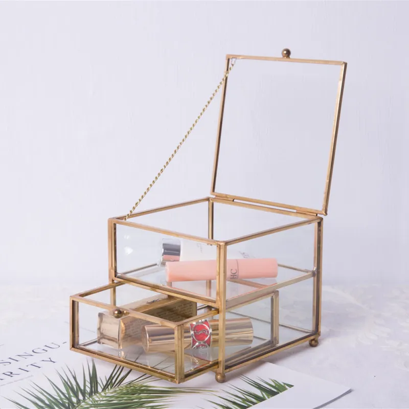 

Nordic Style Double Jewellery Storage Box European Dressing Table Finishing Box Drawer Type Transparent Glass Cosmetic Case