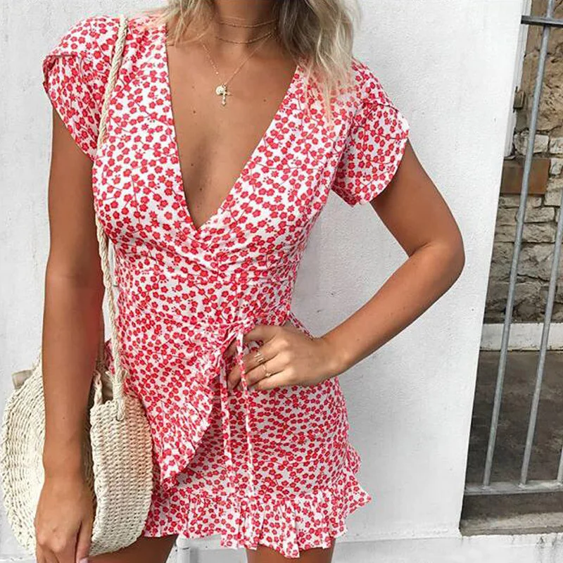 Женское платье с глубоким v образным вырезом и цветочным принтом Летнее мини