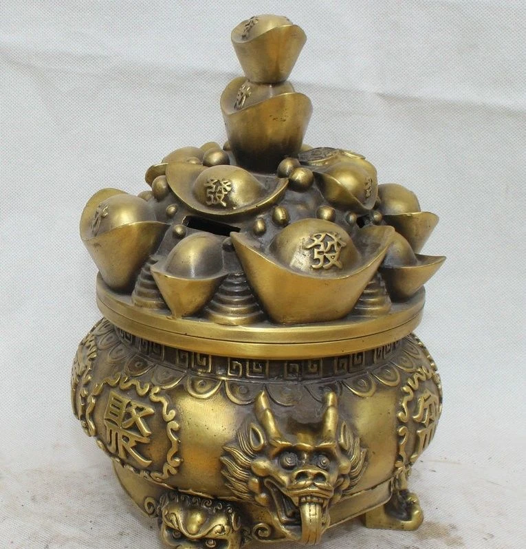 12 &quotКитай Медь Богатство Yuanbao Сокровище Чаша льва ручка благовония горелки