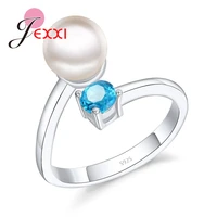 female open 925 sterling silver rings romantic sweet style with blue cubic zirconia cz stone and man made pearl