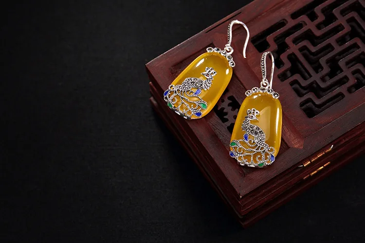 Jinwateryu, 925 пробы, silve earringsr, для женщин, девочек, висячие серьги с желтым камнем, халцедон и кубический циркон, серьги
