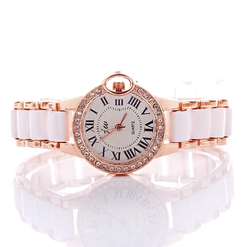 Luxury Fashion Rose Gold Plated Womens White Rhinestone Student Watches Ceramic Watch Roman Numbers Free Shipping Wholesale | Наручные