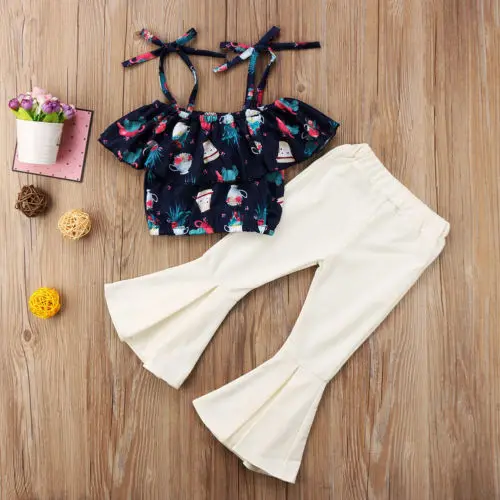 Модный комплект одежды для маленьких девочек топы с открытыми плечами и