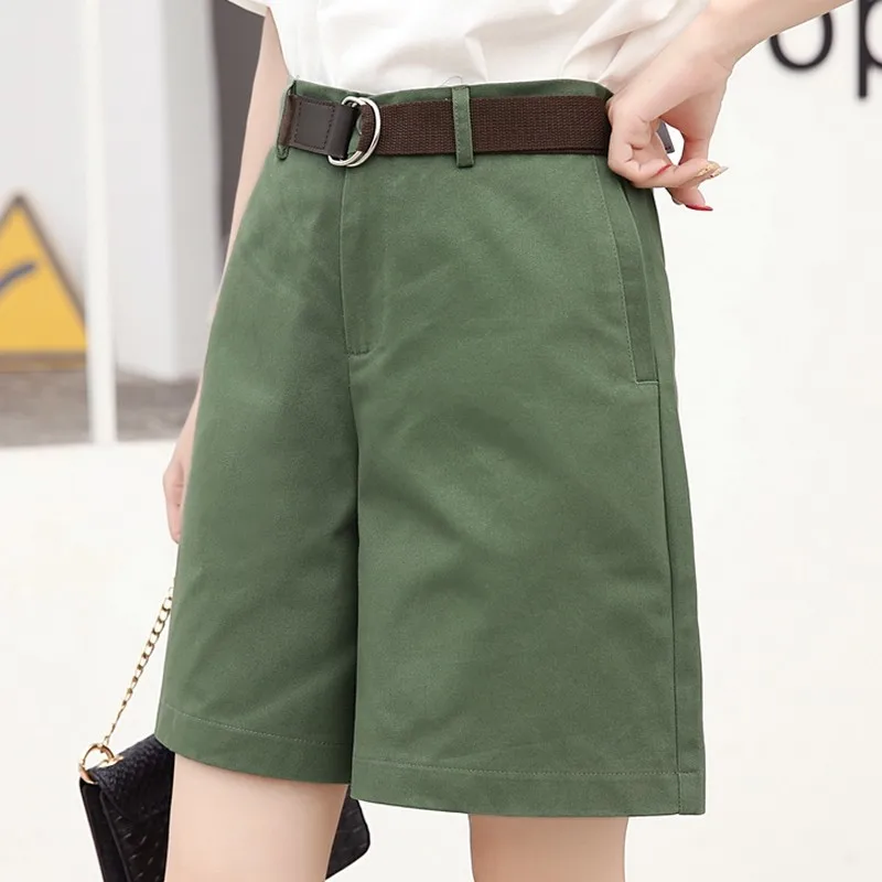 Зеленый EXOTAO, летние женские шорты, свободные, OL, высокая талия, Pantalones Mujer, модные, широкие, короткие штаны, подходят ко всему, 5 цветов, Cortos - Цвет: Зеленый