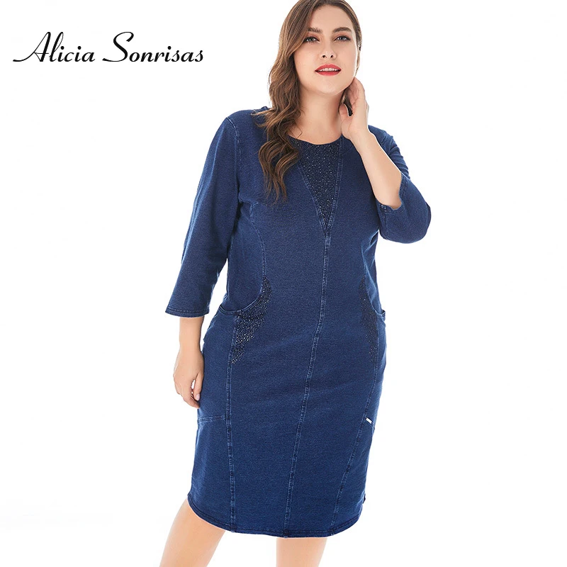 Blue Женское джинсовое платье размера плюс, 4XL, 5XL, 6XL, Dismonds, дамские винтажные Элегантные благородные вечерние платья большого размера, весенне-осенние джинсовые платья - Color: Blue