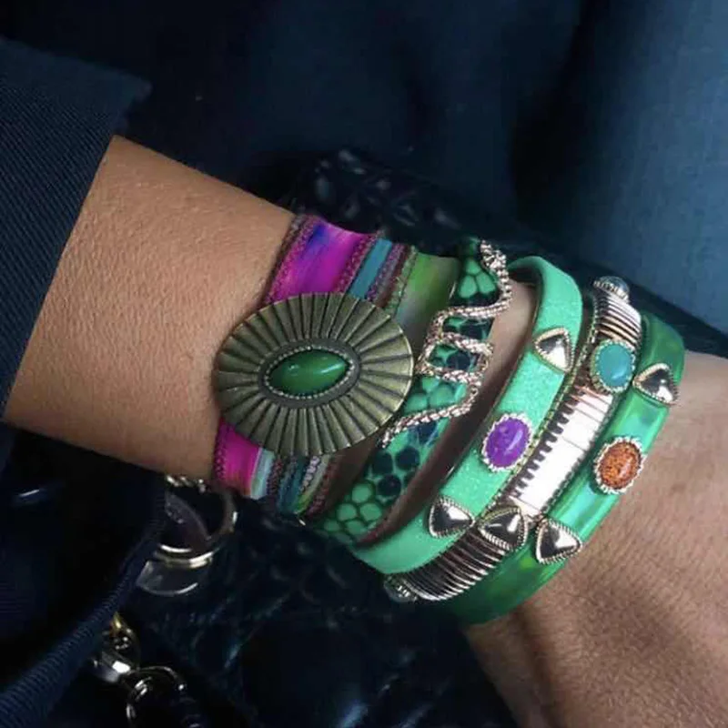 Женский браслет пружинная цепь медный натуральный камень деревянный богемный