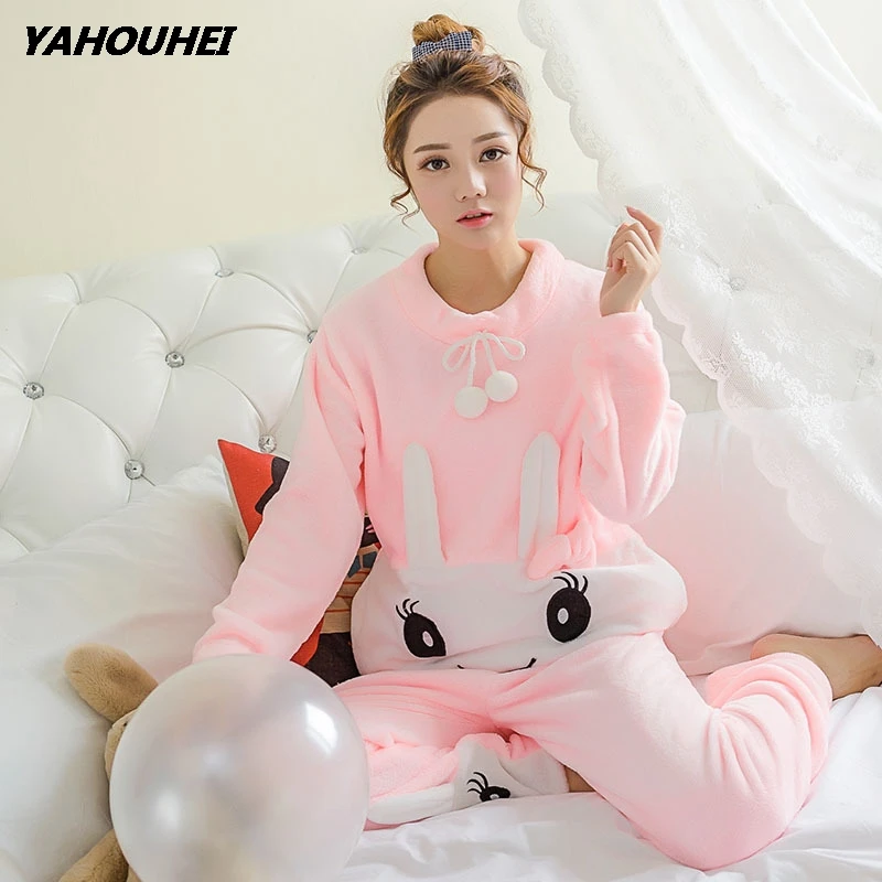 cangerturong pink Пижамные комплекты для женщин зимняя модная ночная рубашка домашняя одежда для отдыха женская фланелевая теплая пижама с длинным рукавом комплект ночного белья для девочек - Цвет: cangerturong pink