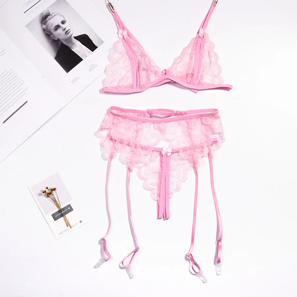 4pcs/set Sexy Exotic Underwear Lingerie Set Women Lace Bralette Bra With G-string And Garter with Stocking Charming Lingerie Set