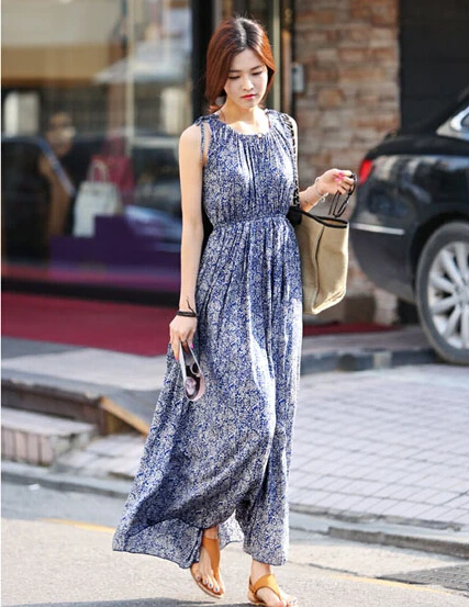 

Women Summer Sleeveless Dress Casual Bohemian Ankle-Length Dresses Ladies Elegant Printed Long Loose Round Neck Dress Vestidos