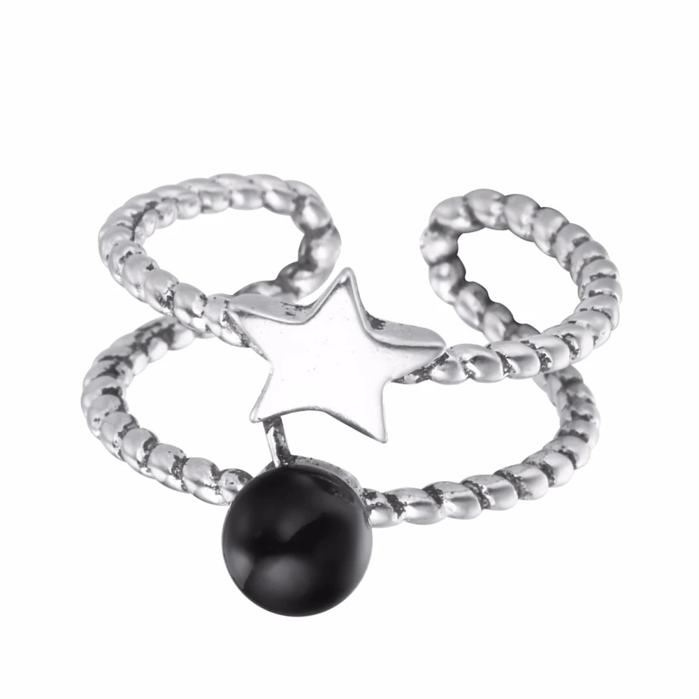 Kinitial Vintage Star Black Stone Rings For Women Adjustable Double Twisted Line Antique Silver Color Fashion Finger Jewelry | Украшения и