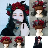 handmade sheep horn red rose butterfly headband hairband accessory demon evil gothic lolita cosplay halloween headwear prop