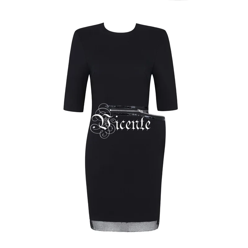 VC 2020 Новое Трендовое черное платье с полурукавами на талии застежкой-молнией