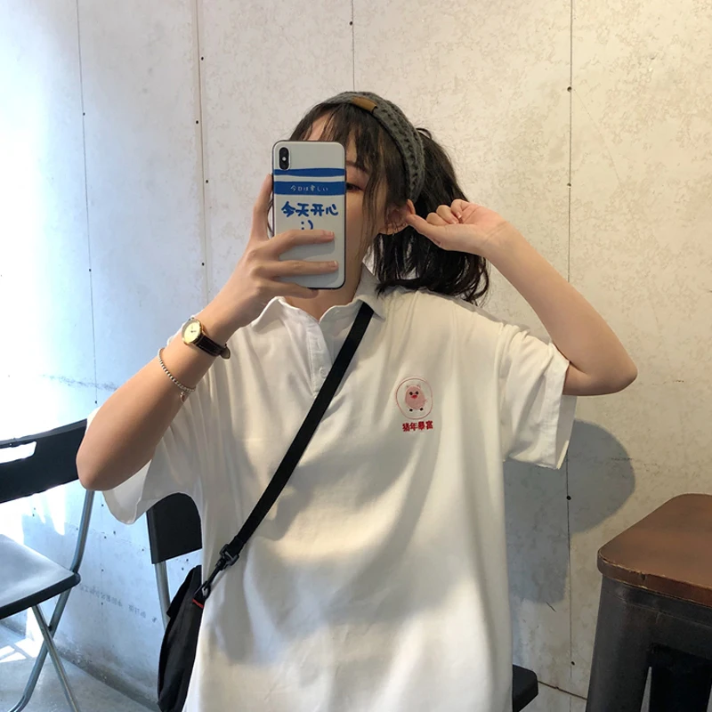 Для женщин PoloShirt Хлопок мультфильм милый свинья вышивка короткий рукав тенниски летние женские свободные Повседневное элегантный дизайн топы YT5027
