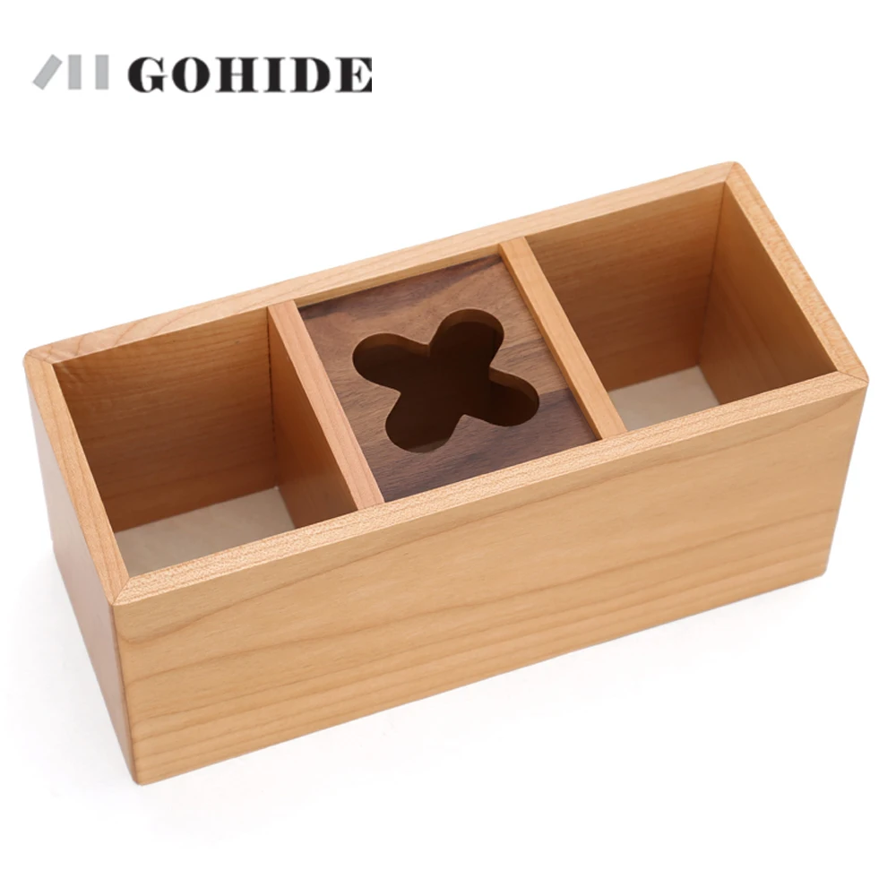 JUH Office Pen Holder Natural Wooden Box In 3-grids Desk Organizer Pencil Stand Simple Style Stationery Container | Дом и сад