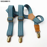 new retro green striped suspenders men braces 3 clip leisure pants suspenders for mens and womens vintage tirantes hombre
