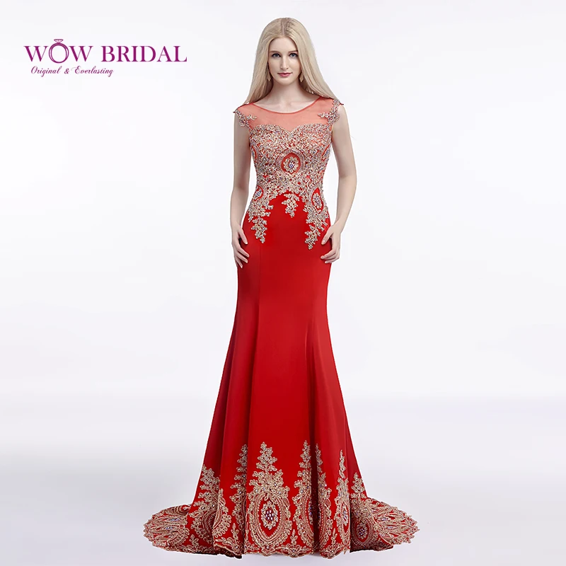 

Wowbrial Noble Red Long Evening Dress 2021 O-Neck Sheer Tulle Open Back Pattern Appliqued Embroidery Beaded Mermaid Formal Dress