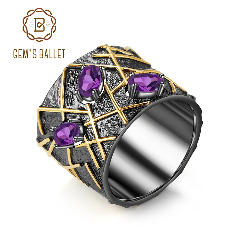 GEM'S BALLET Natural Amethyst Gemstones Ring Pure 925 Sterling Silver Original Handmade Round Rings for Women Engagement Jewelry |