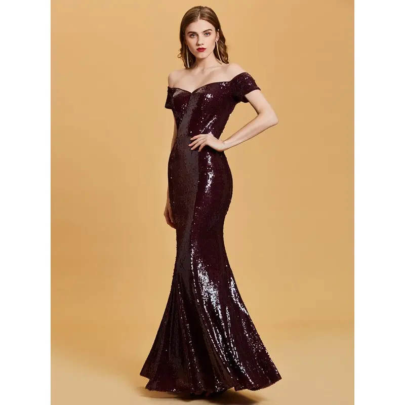 Dressv бордовое вечернее платье, дешевое, с открытыми плечами, с пайетками, Русалка, свадебное, вечернее платье, труба, вечернее платье es