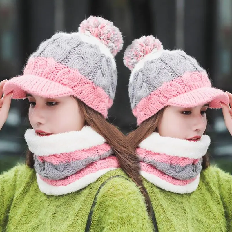 SUOGRY Горячая Лыжная девушка бренд большой мех Pom Poms мяч шарф вязаная зимняя шапка женская шапочка шапка Толстая Skullies женская шапка - Цвет: pink 1