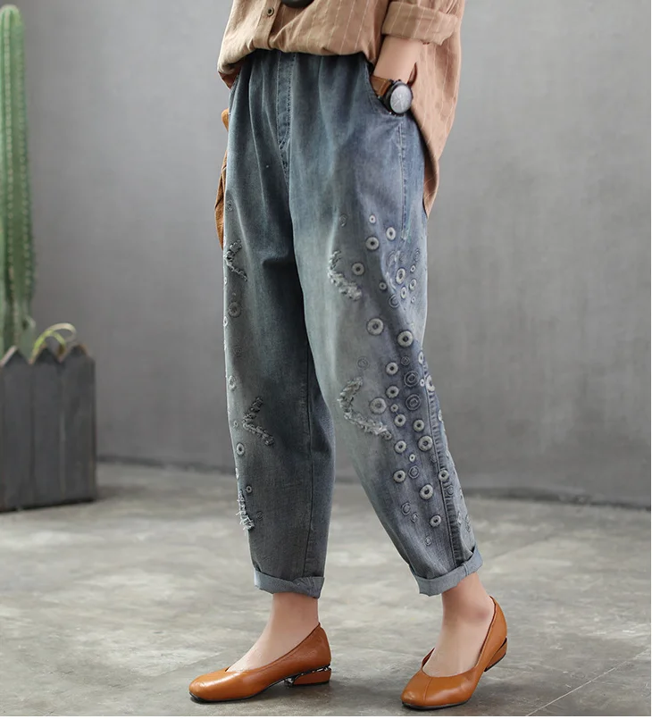 Spring Jeans Loose Elastic Waist Casual Women Denim Pants 2019 New Female Embroidery pocket hole Vintage Trousers |