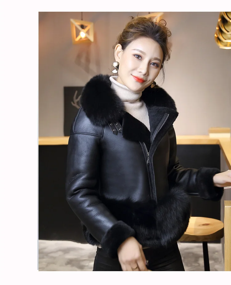 black black fur Роскошная женская кожаная куртка из натуральной овчины с большим воротником из лисьего меха, женская короткая шерстяная куртка черного цвета по индивидуальному заказу - Цвет: black black fur