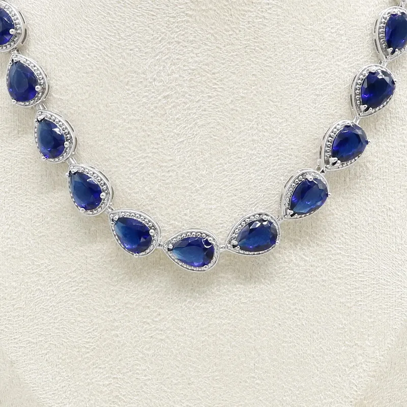 Water Drop 925 Silver Necklace Earrings Set Women Bridal Jewelry Sets Royal Blue Semi-precious Wedding Gift Box