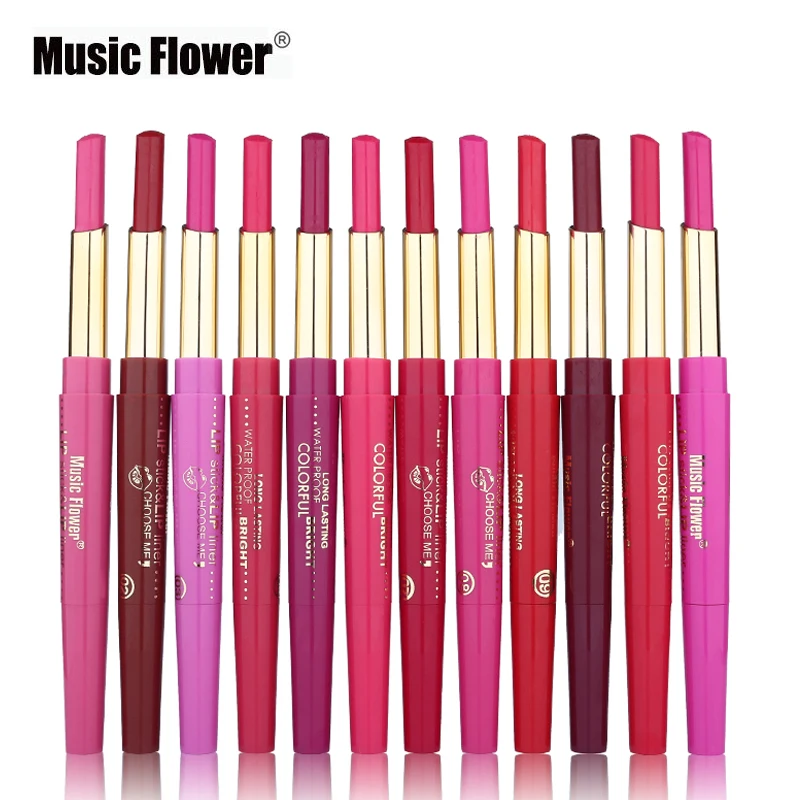 Бренд Music Flower, макияж, 12 цветов, 2 в 1, матовый лайнер+ Губная помада Водонепроницаемая подводка, стойкий макияж, набор косметики