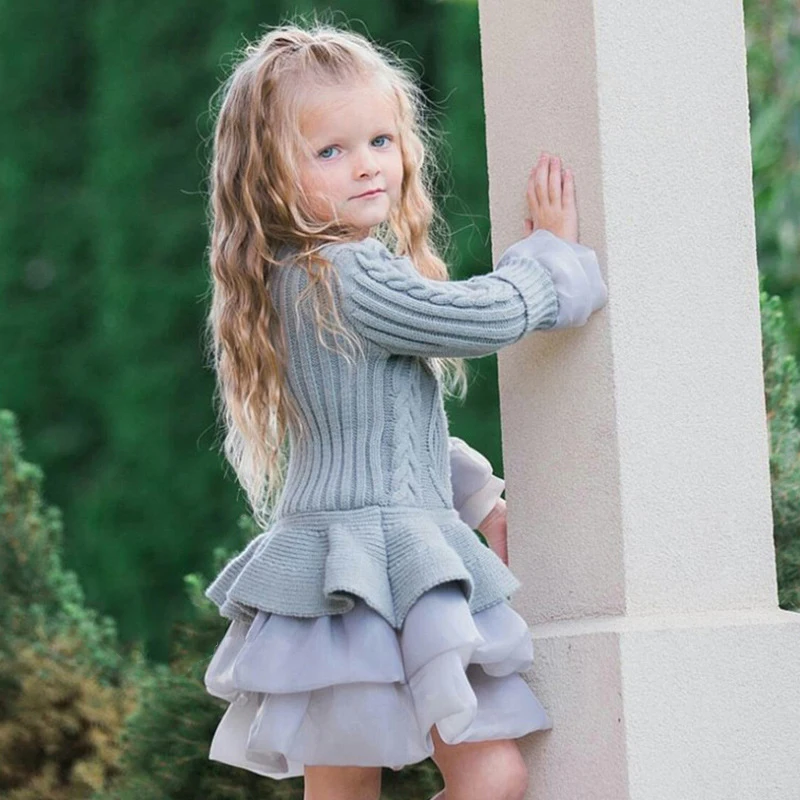 Autumn Winter Girls Costume Children Toddler Knitted Long Sleeve Princess Dress Kids Dresses For Wedding Party | Детская одежда и