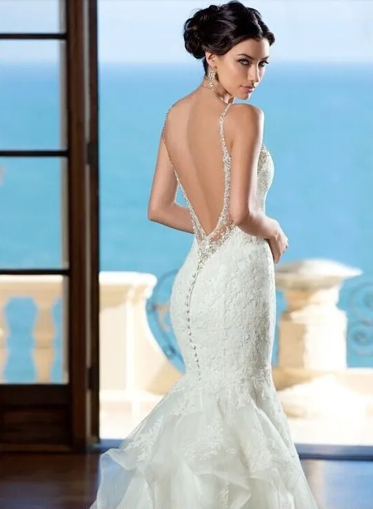 Романтический кружево vestido de noiva Милая Спагетти бретели для нижнего белья открытой спиной русалка вечерние свадебное платье мать