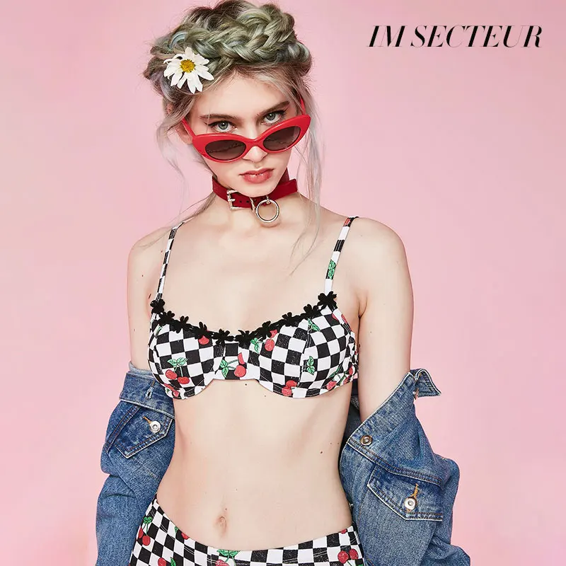 IM SECTEUR Cherry Tart бюстгальтер милый клетчатый Brallete Push Up Белье Сексуальный плед плюс размеры VS секрет кружево декольте нижнее белье - Цвет: Черный