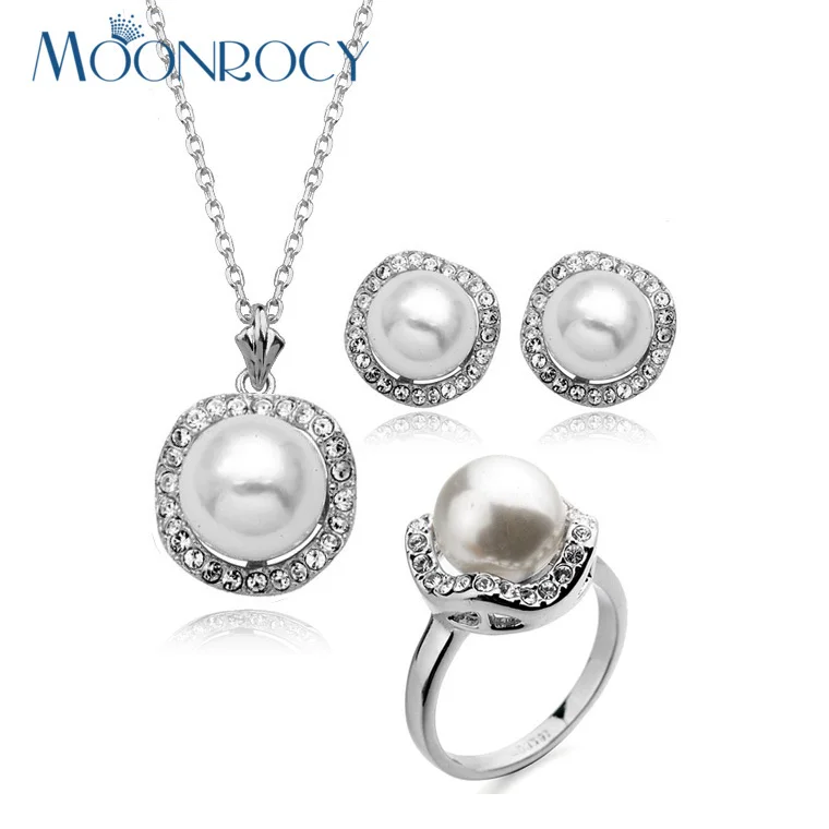 

MOONROCY Free Shipping Silver Color Fashion Imitation Pearl Crystal Necklace Earrings and Ring Jewelry Set for Women