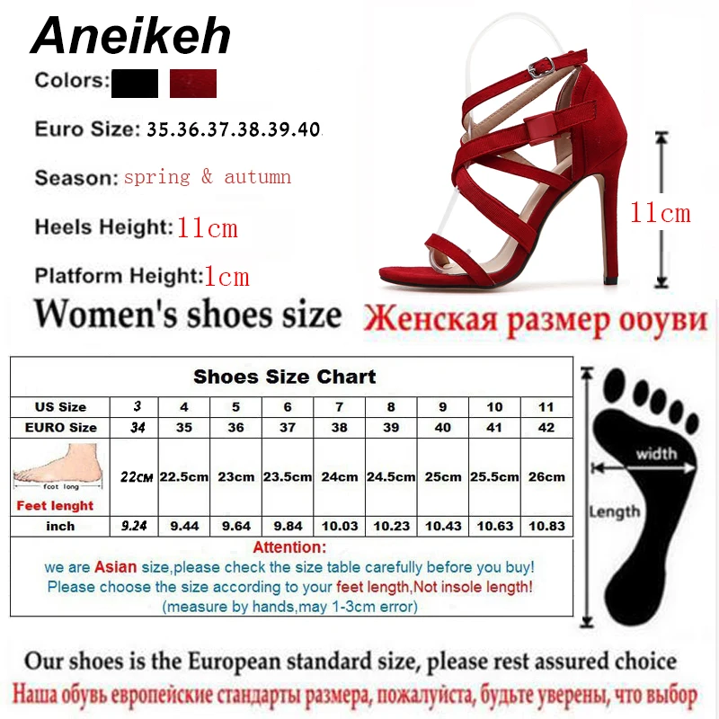 Aneikeh/ г. Новые женские сандалии-гладиаторы на высоком каблуке пикантные женские вечерние туфли из флока на тонком каблуке с перекрестной шнуровкой и открытым носком черный красный