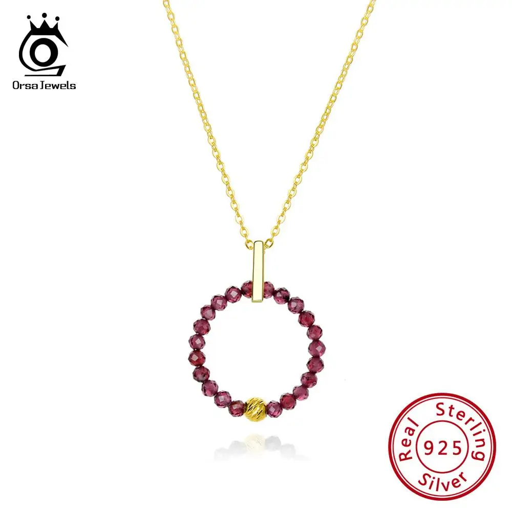 ORSA JEWELS Серебро 925 женское ожерелье круглый кулон красный камень гранат 18 K позолоченная цепочка Ювелирные изделия из стерлингового серебра OSN154
