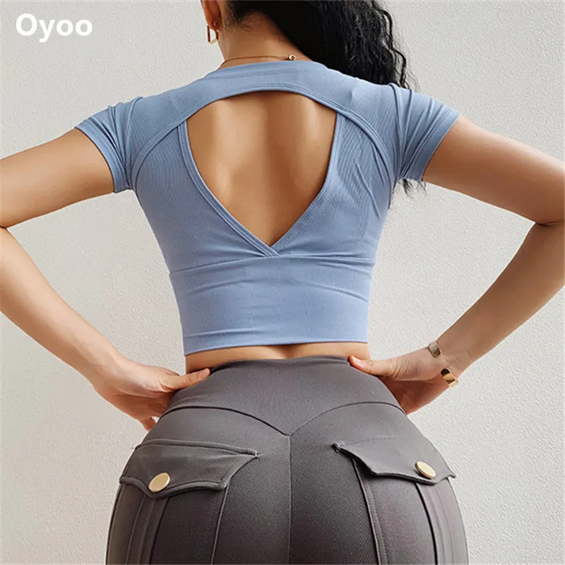02 Oyoo, укороченный топ с открытой спиной для йоги, тянущийся топ-хомут с открытой спиной для спортзала, Женский Топ, Спортивная футболка с короткими рукавами, спортивная одежда для тренировок - Цвет: 02