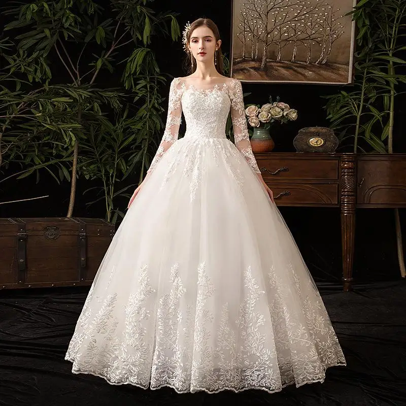 Off white floor Новинка, свадебное платье цвета шампанского с круглым вырезом и длинным рукавом, кружевное платье с вышивкой, простое свадебное платье на заказ, Vestido De Noiva L - Цвет: Off white floor